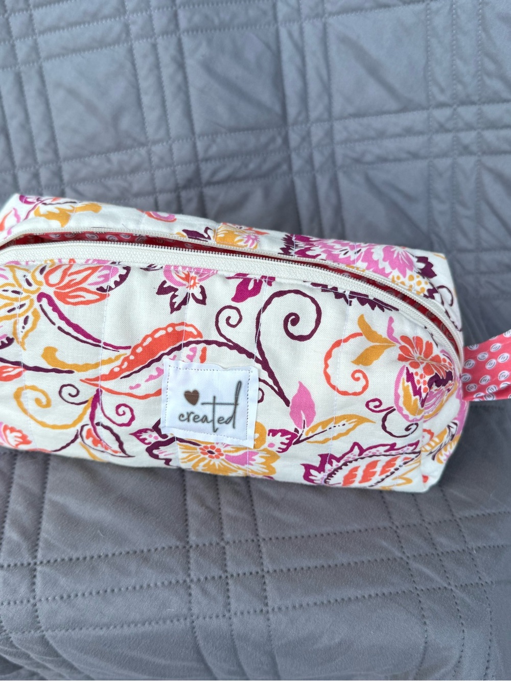 Created Floral Quilted Makeup Bag in Cream, Pink & Orange